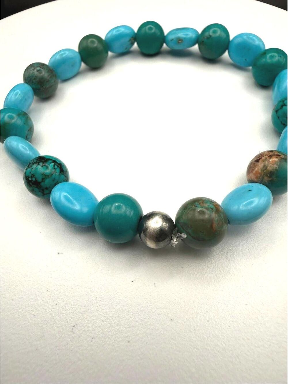 Sleeping Beauty & Lone Mountain Turquoise Stretch Bracelet Sterling Silver Bead